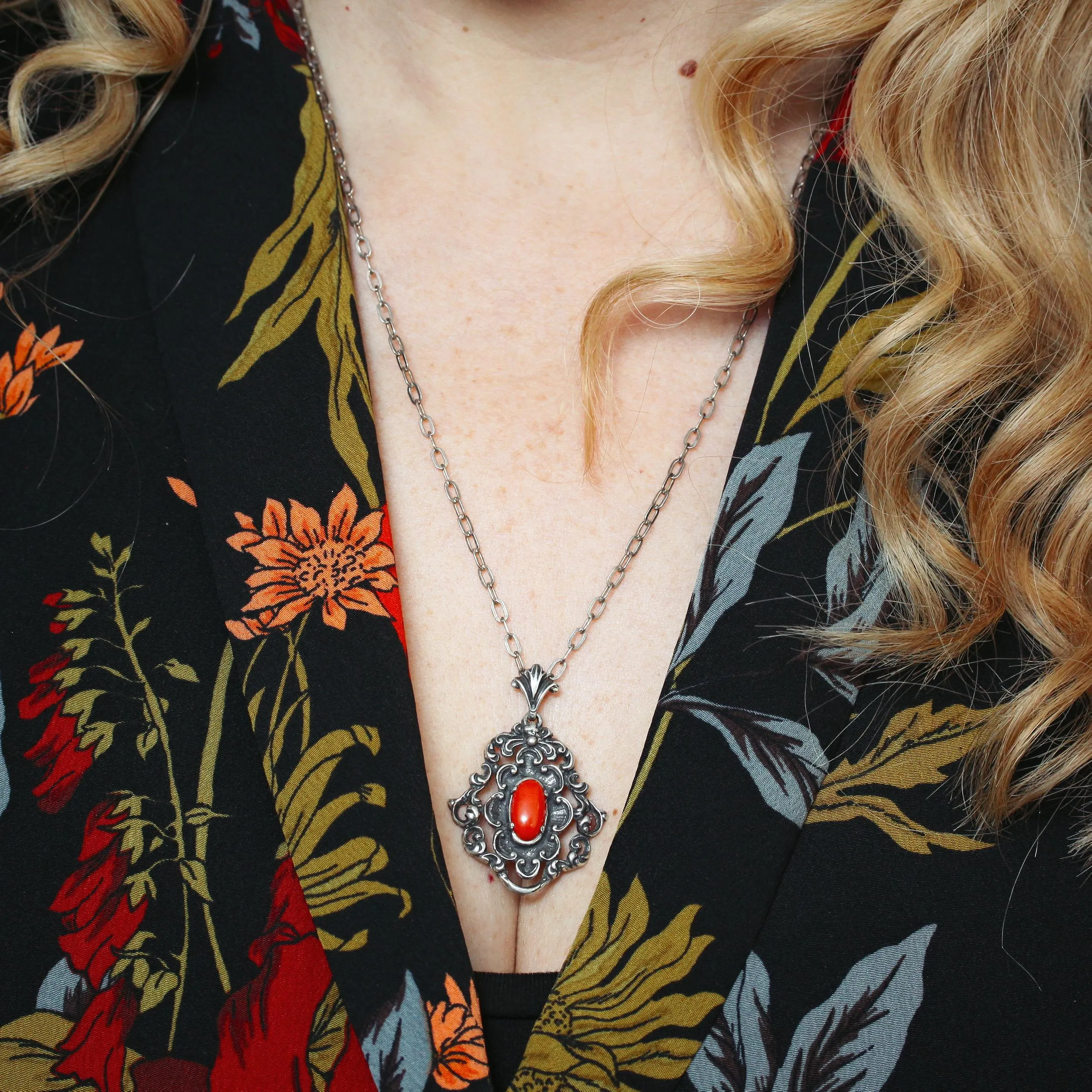 Fancy Mid Century Silver & Coral Pendant