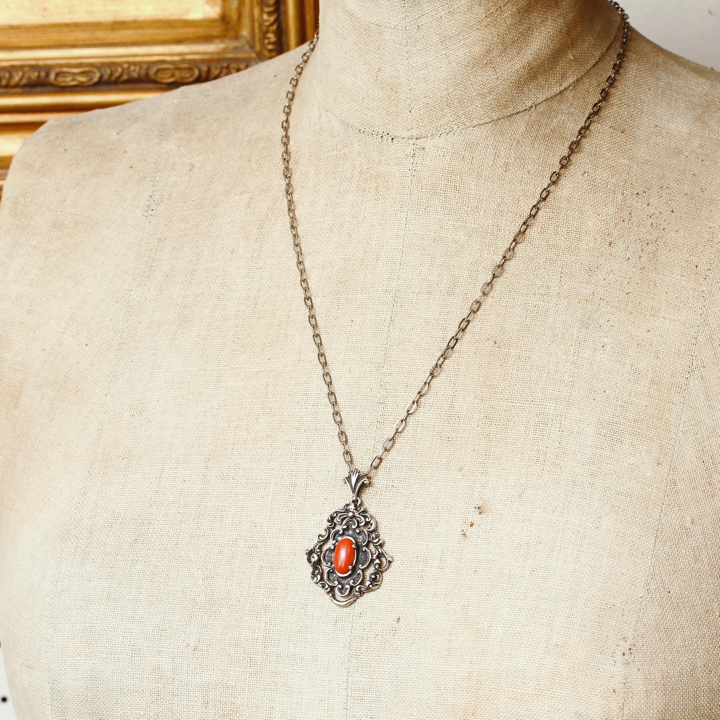 Fancy Mid Century Silver & Coral Pendant