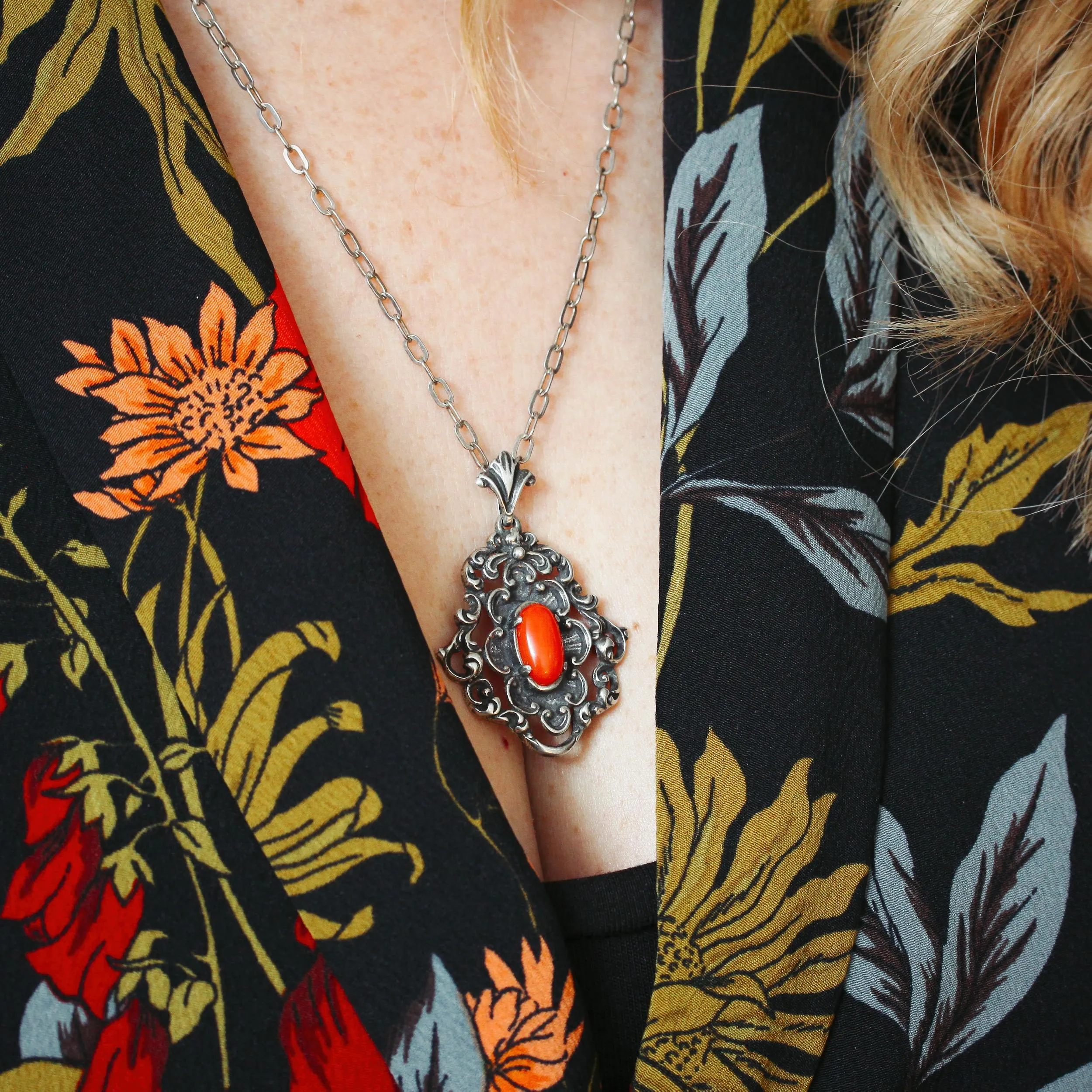 Fancy Mid Century Silver & Coral Pendant