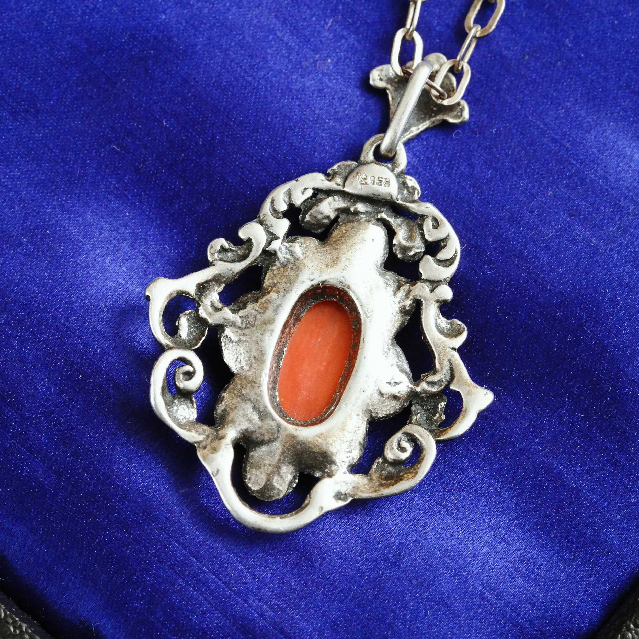 Fancy Mid Century Silver & Coral Pendant