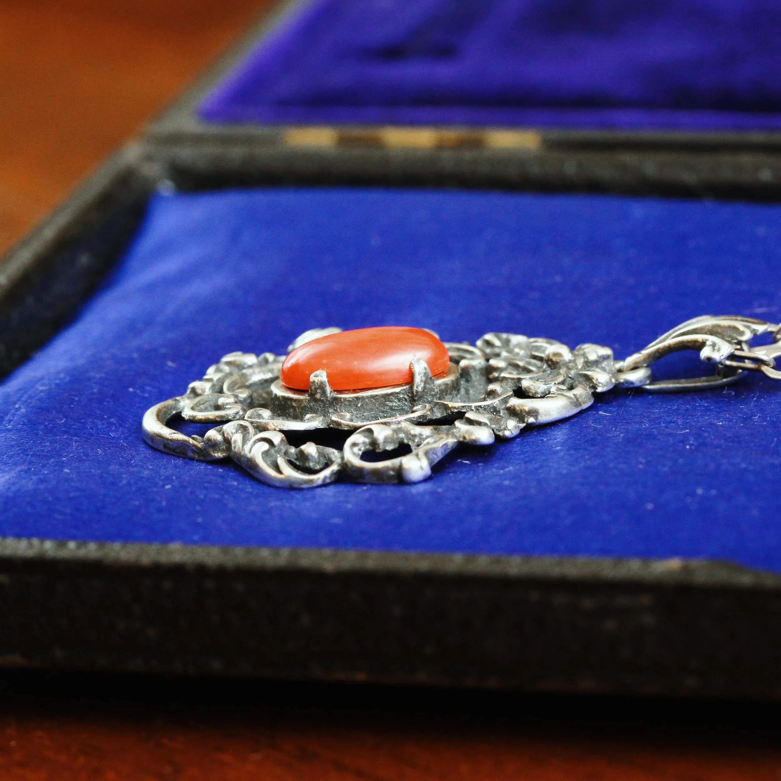 Fancy Mid Century Silver & Coral Pendant