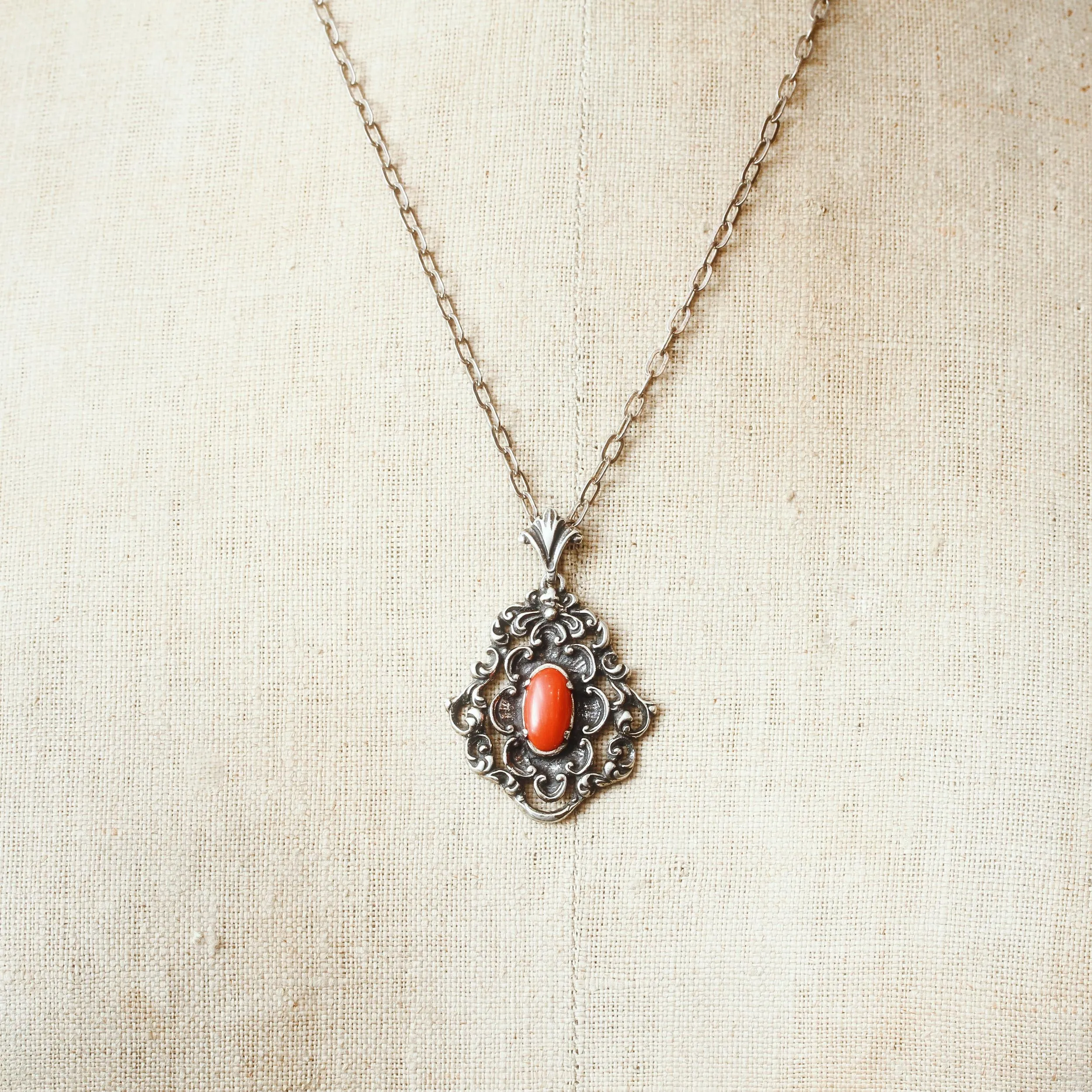 Fancy Mid Century Silver & Coral Pendant