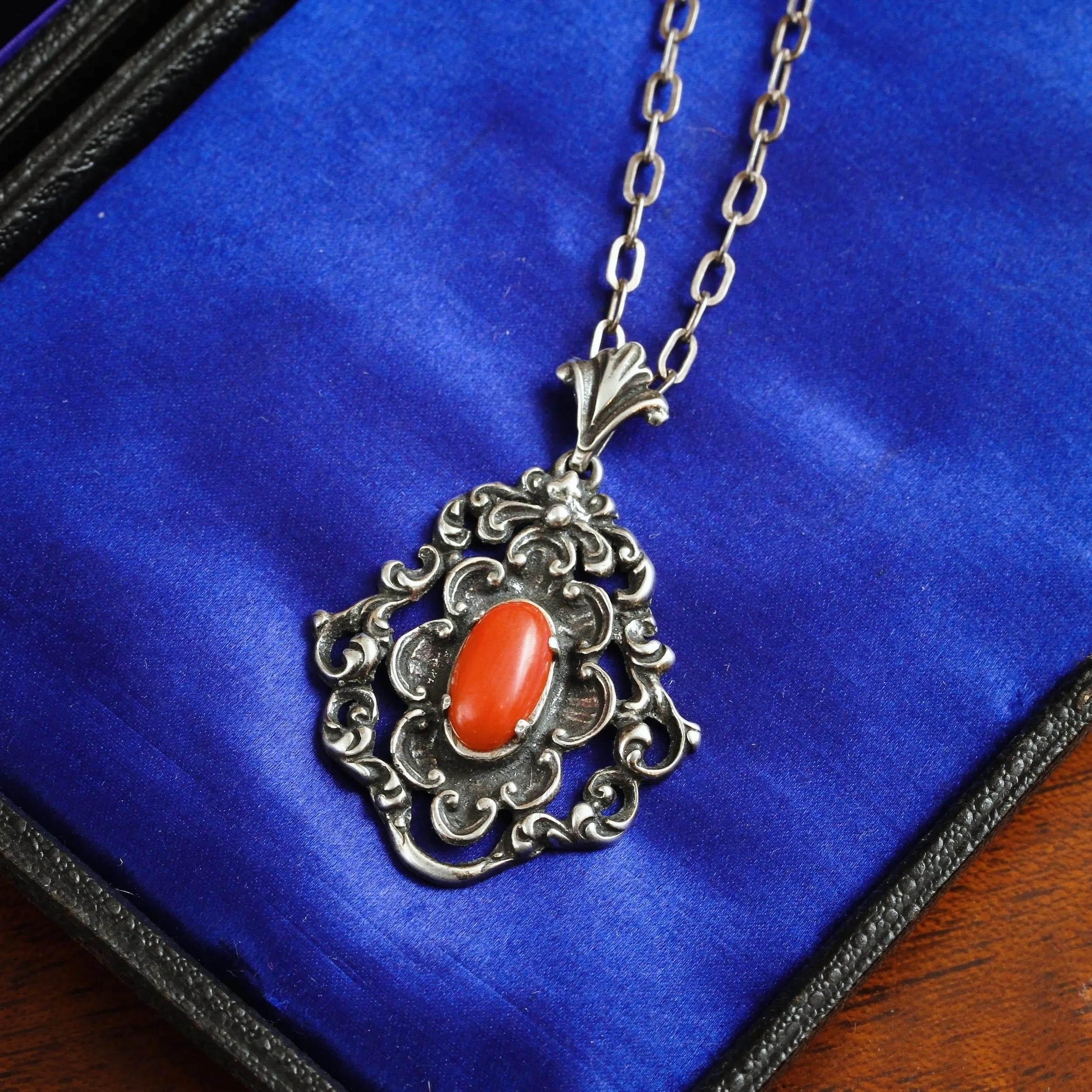 Fancy Mid Century Silver & Coral Pendant