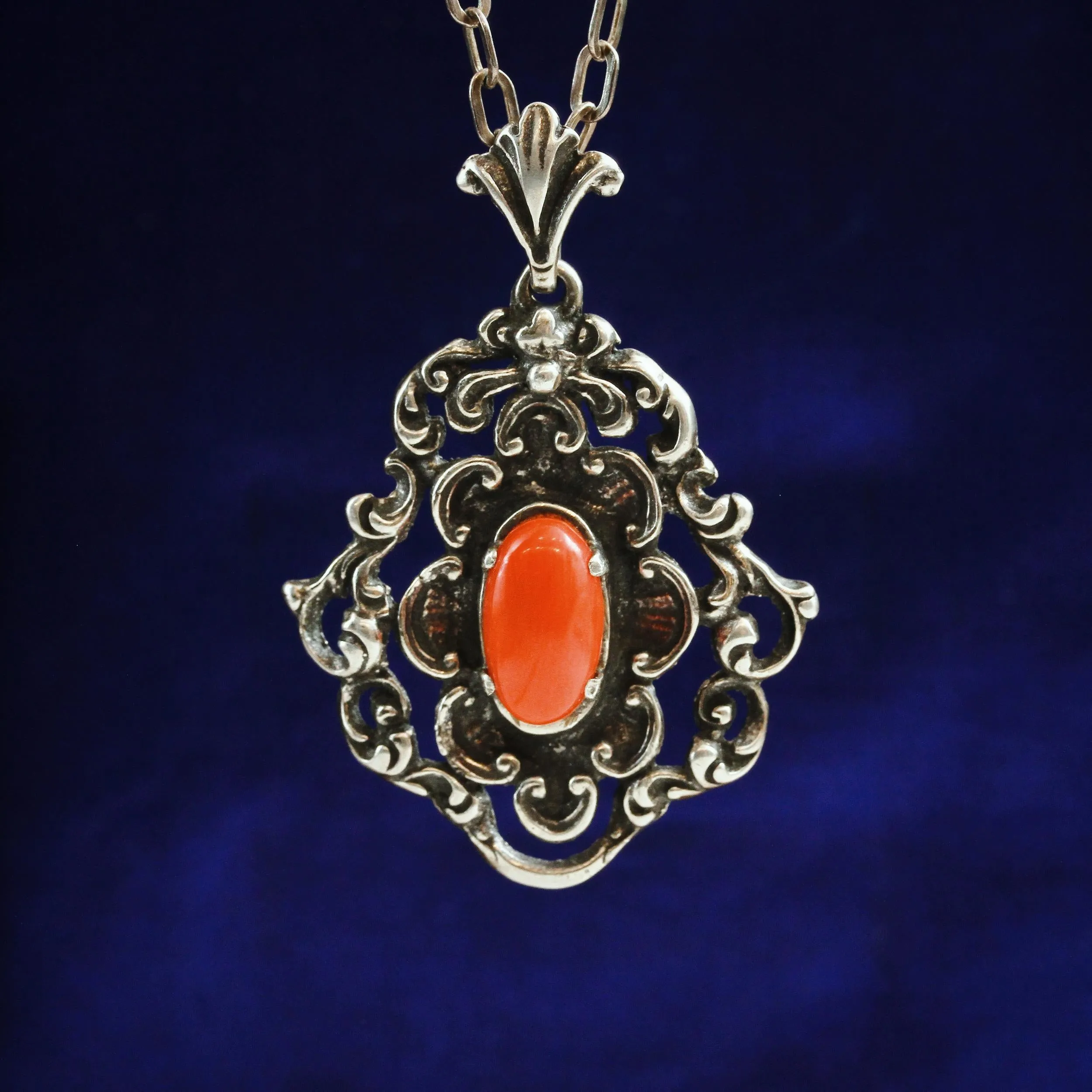 Fancy Mid Century Silver & Coral Pendant