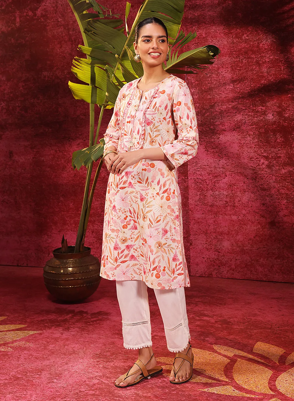 Fida Coral Cotton Linen Printed Kurta for Women