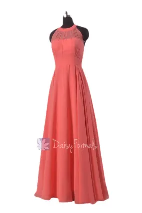 Floor Length Chiffon Bridesmaid Dress Coral Formal Dress W/Illusion Neckline(CST2225L)