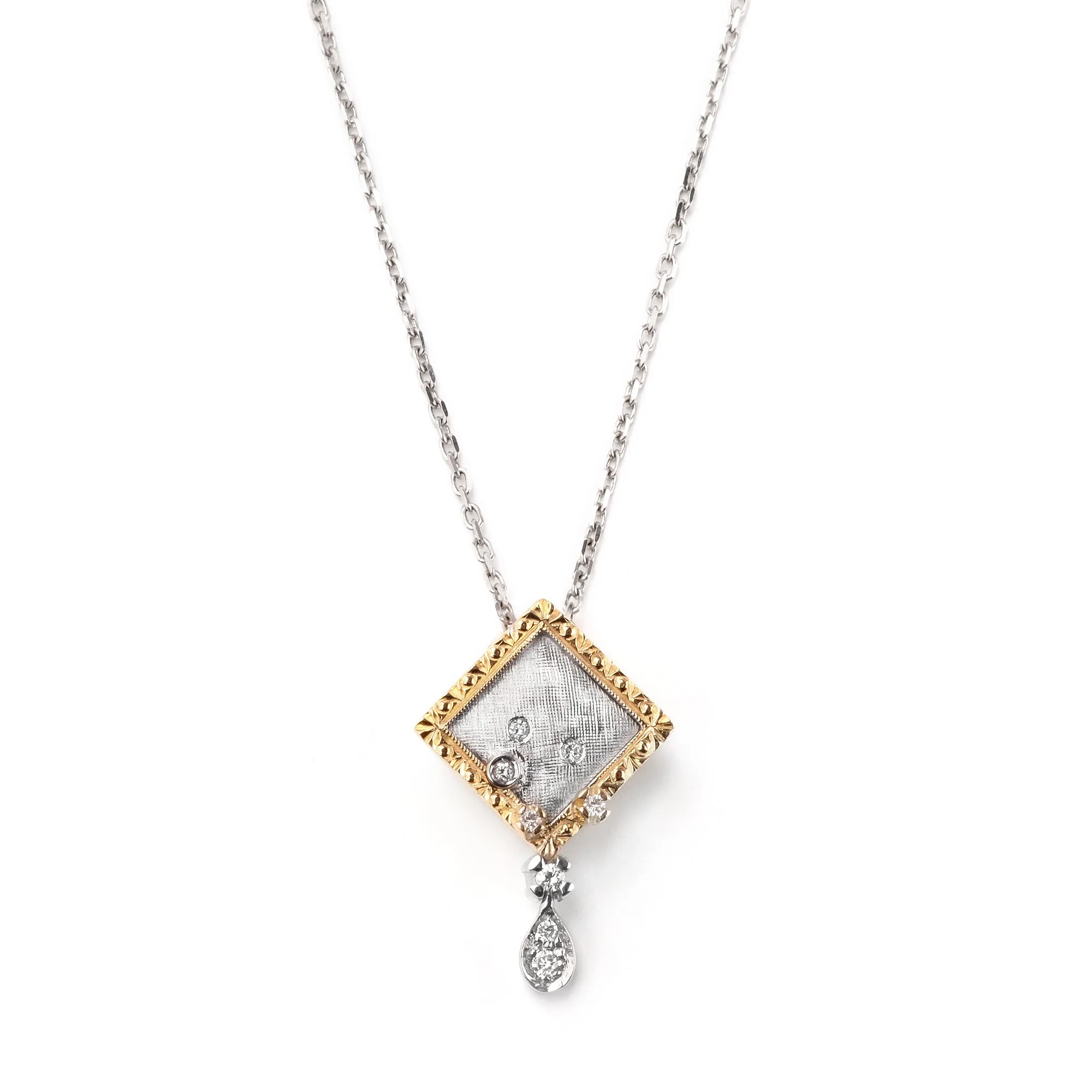 Florentine finish 18k white, yellow gold and diamonds pendant