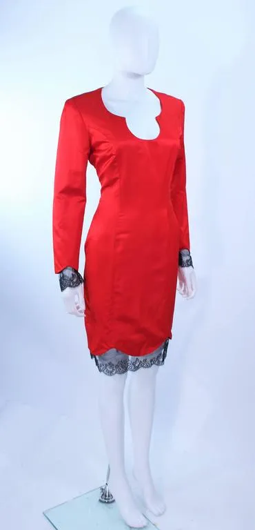 FRED HAYMAN Red Silk Cocktail Dress with Lace Trim Size 8