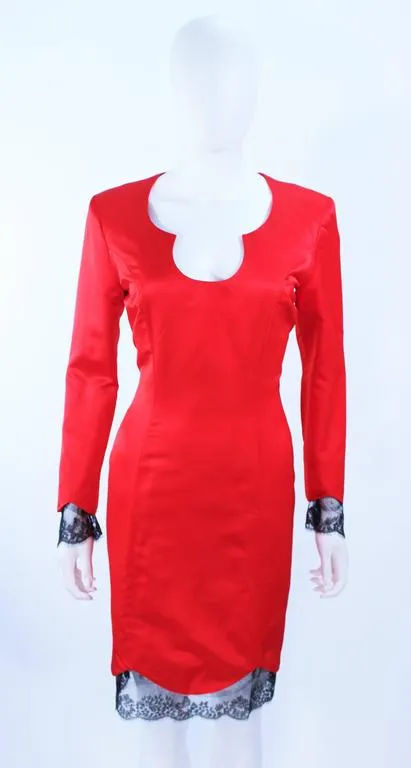 FRED HAYMAN Red Silk Cocktail Dress with Lace Trim Size 8