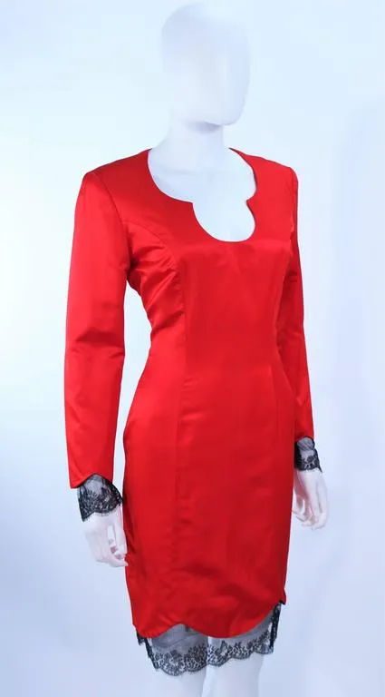 FRED HAYMAN Red Silk Cocktail Dress with Lace Trim Size 8