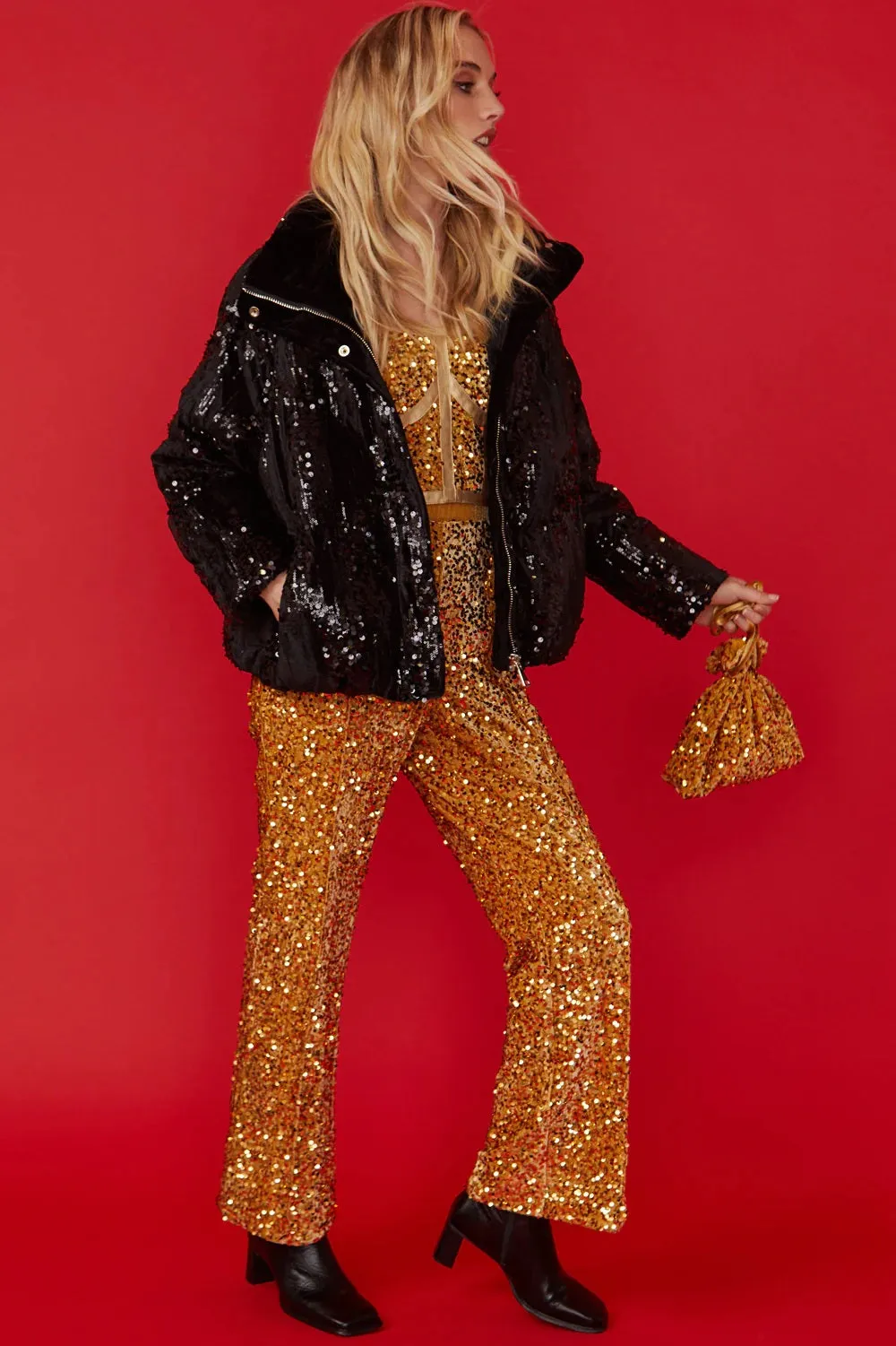 Gold Sequin Flared Trousers