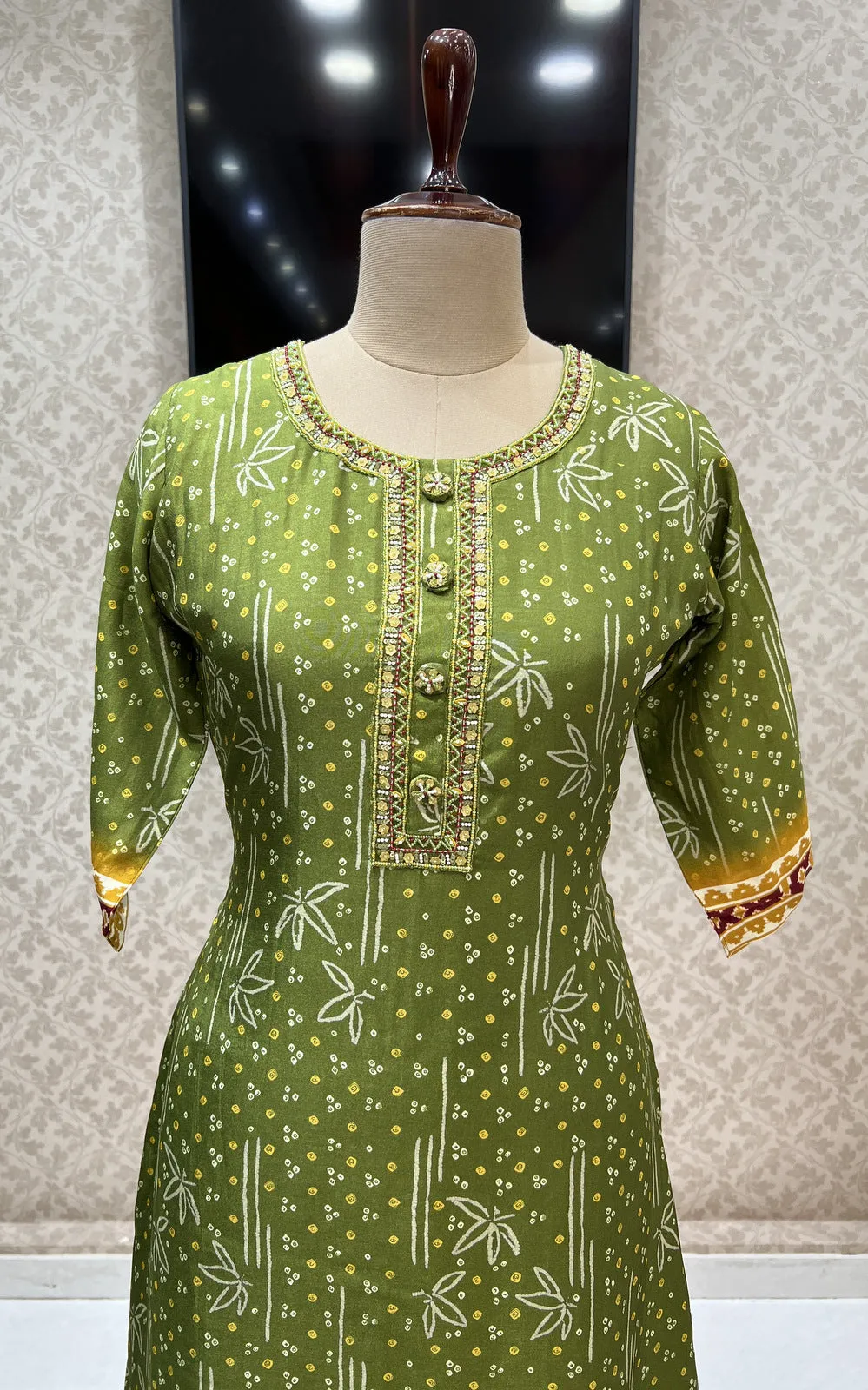 Green Pearl and Sequins work with Bandini Print Calf Length Kurti