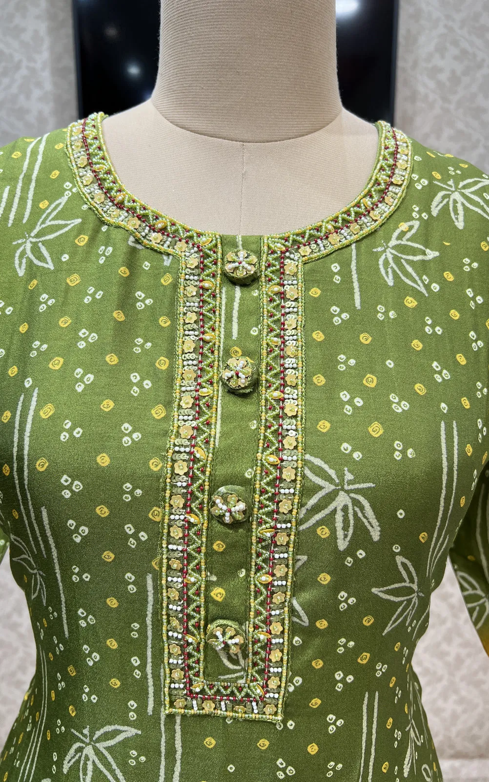 Green Pearl and Sequins work with Bandini Print Calf Length Kurti