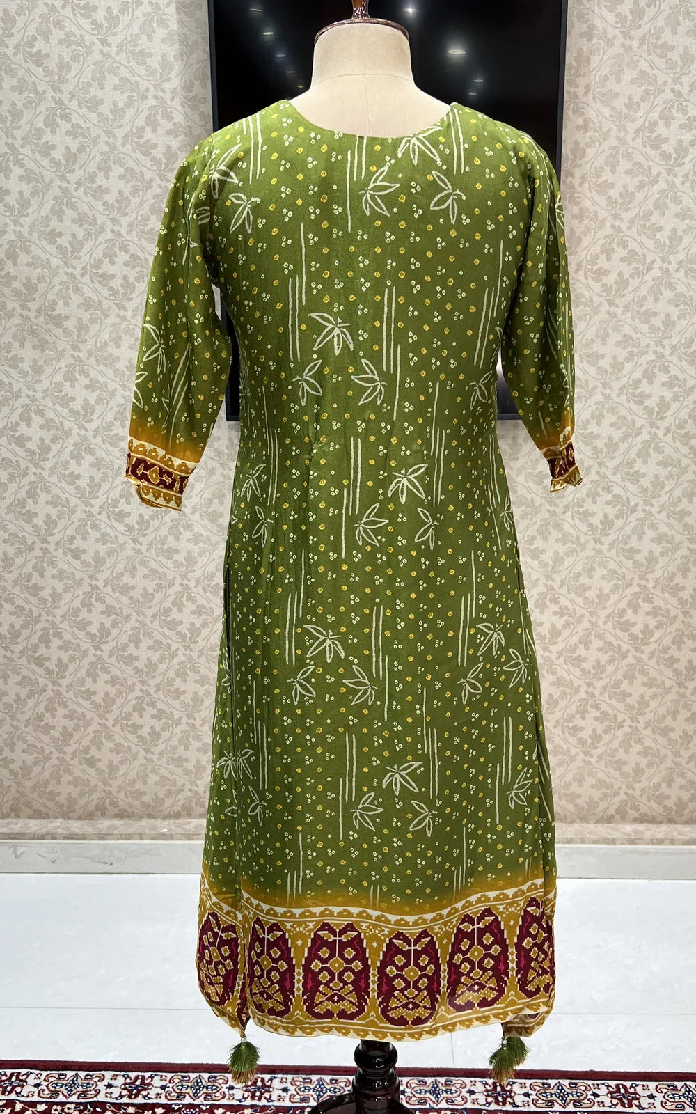 Green Pearl and Sequins work with Bandini Print Calf Length Kurti