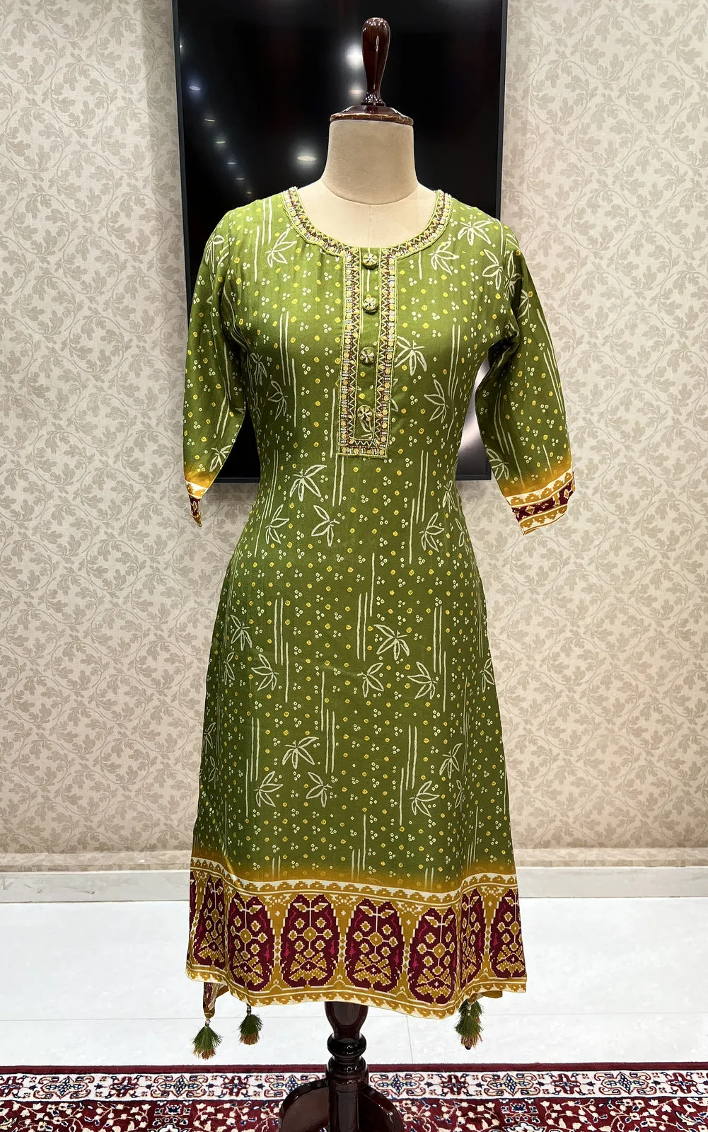 Green Pearl and Sequins work with Bandini Print Calf Length Kurti