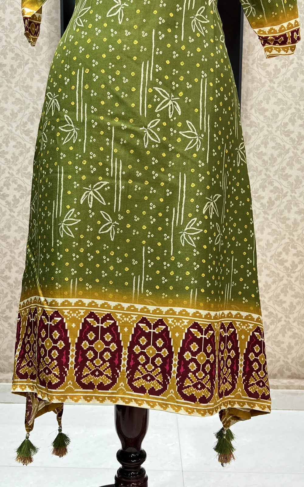 Green Pearl and Sequins work with Bandini Print Calf Length Kurti