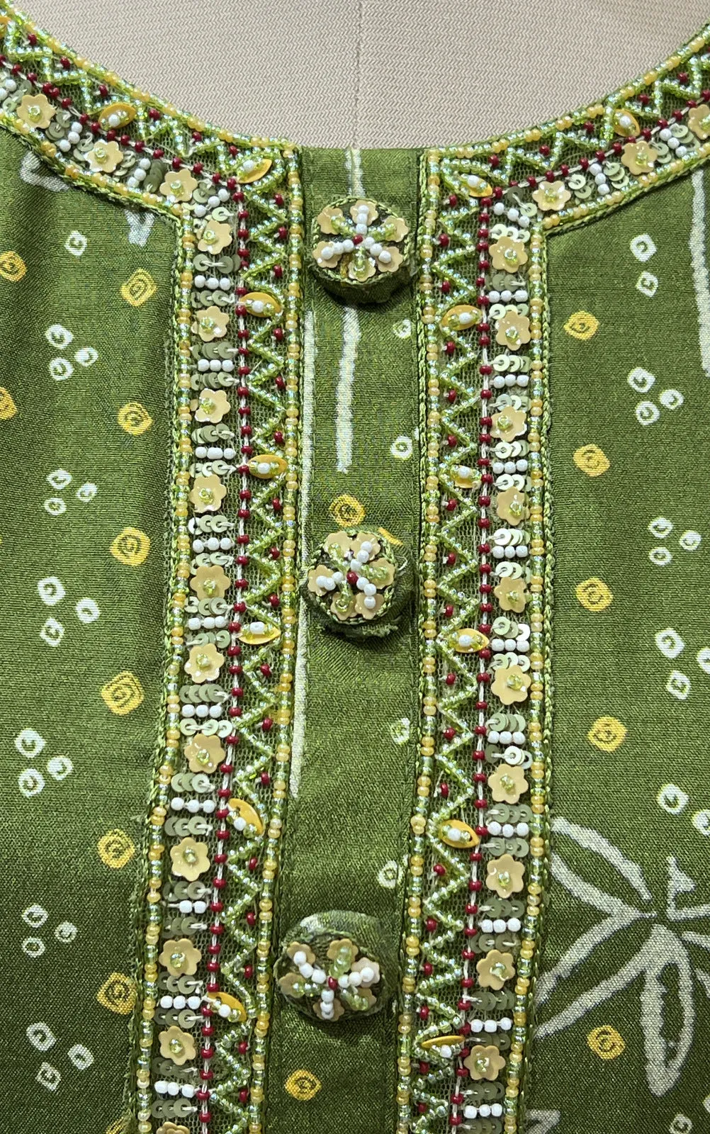 Green Pearl and Sequins work with Bandini Print Calf Length Kurti