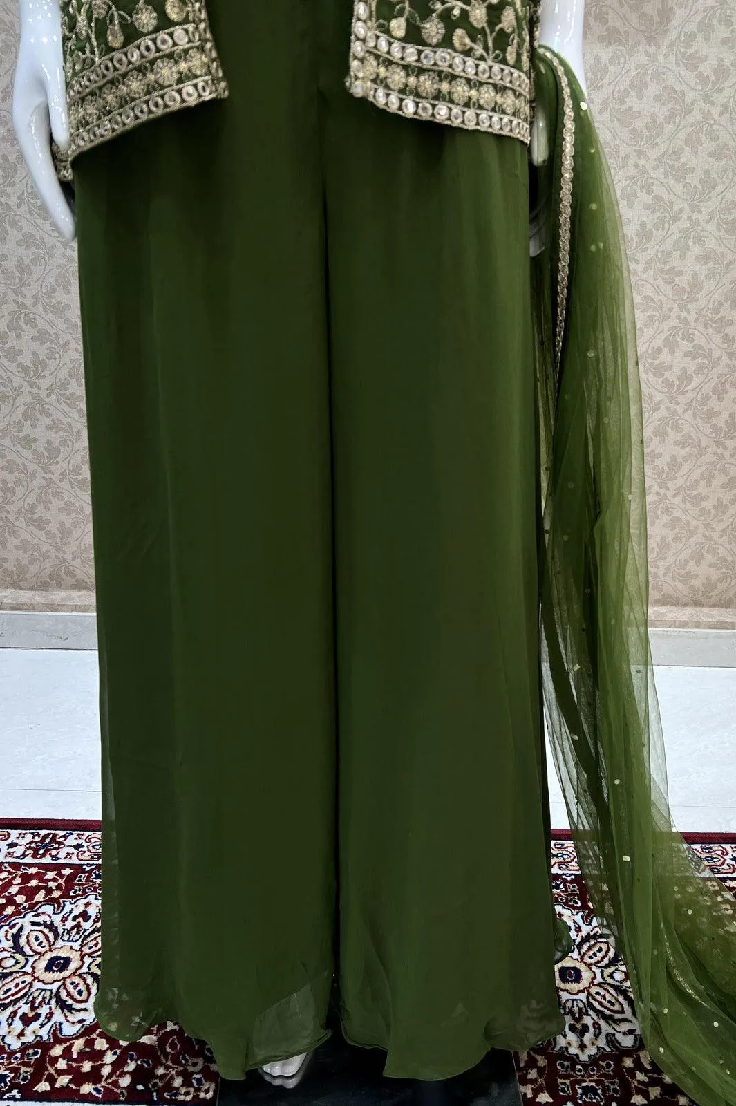 Green Sequins and Zari work Peplum Top with Palazzo Suit Set