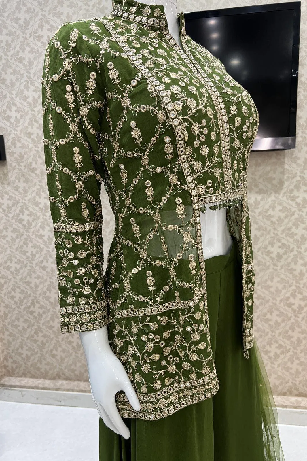 Green Sequins and Zari work Peplum Top with Palazzo Suit Set