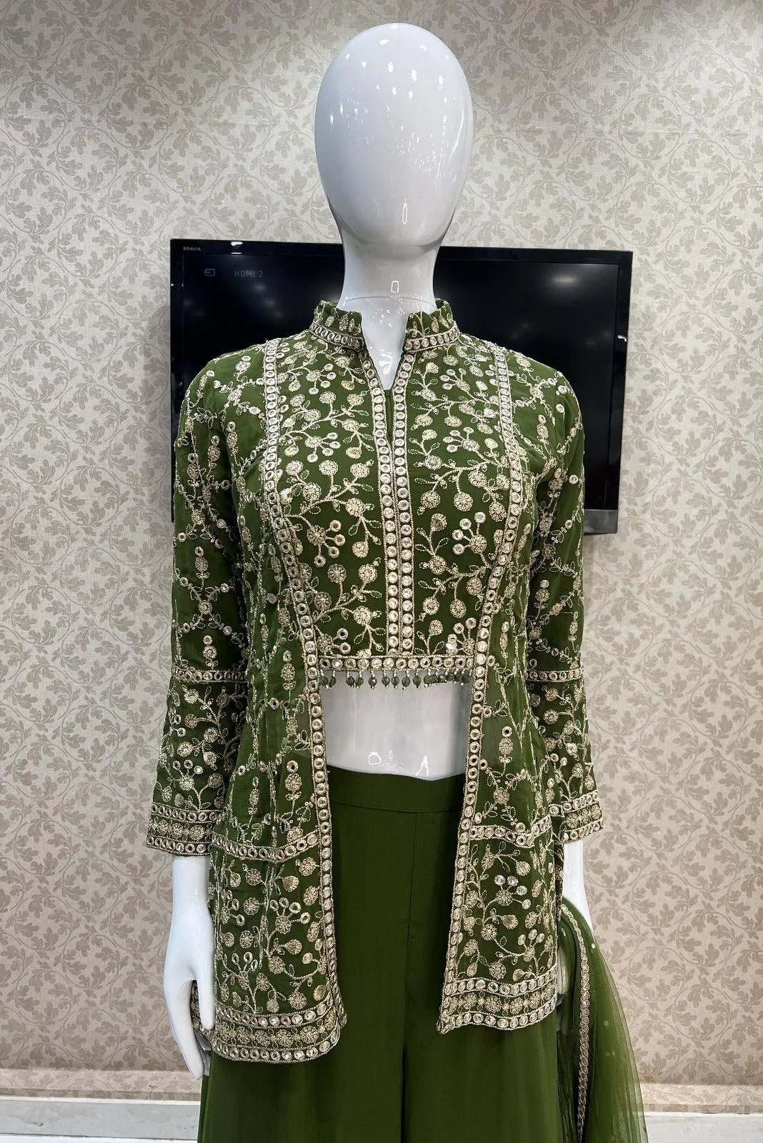 Green Sequins and Zari work Peplum Top with Palazzo Suit Set