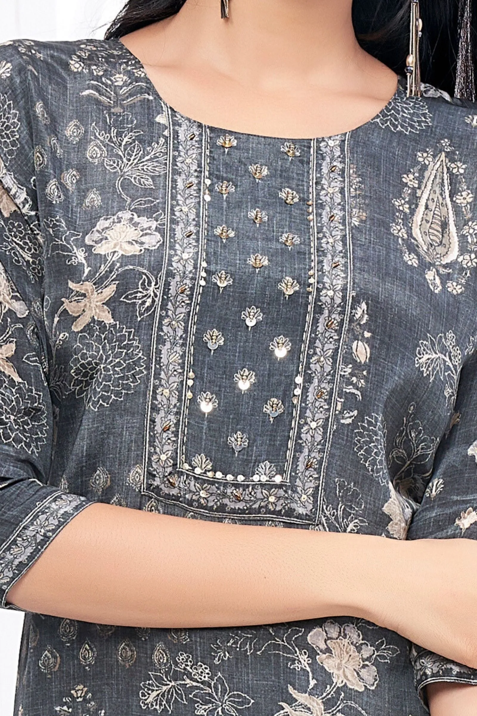 Grey Beads work with Digital Print Calf Length Kurti