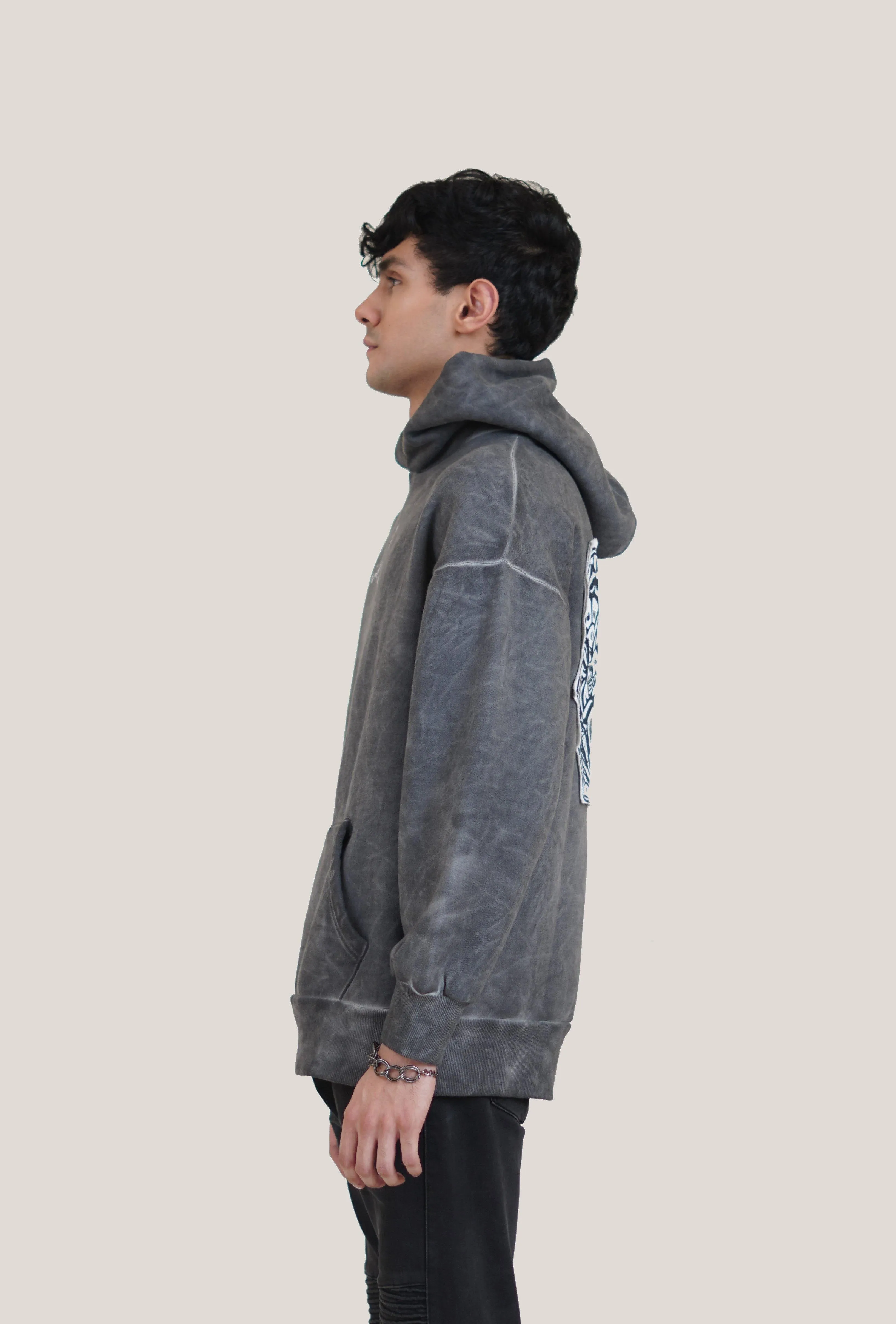 Grey Marble Wash Rooster Patch Hoodie