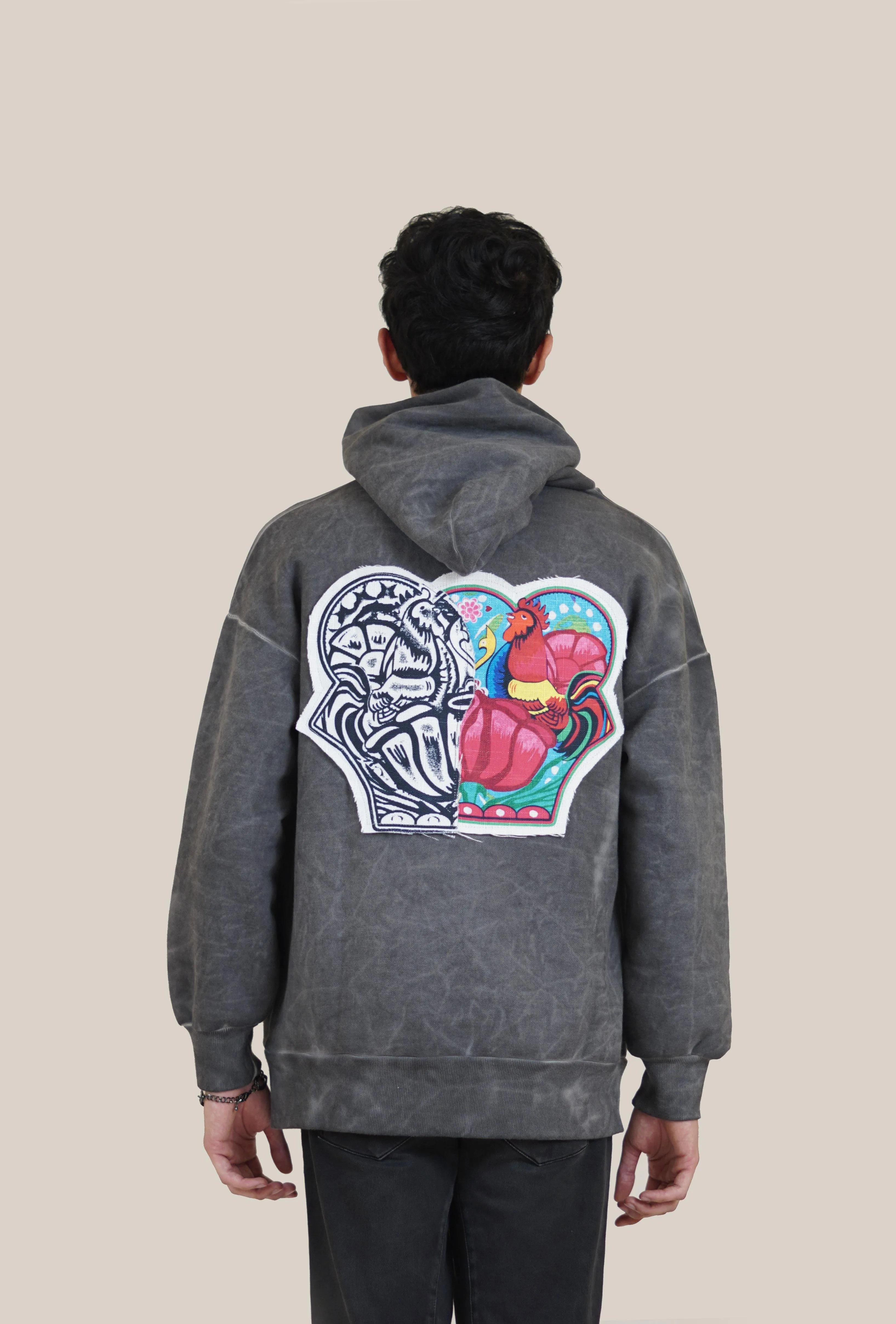 Grey Marble Wash Rooster Patch Hoodie