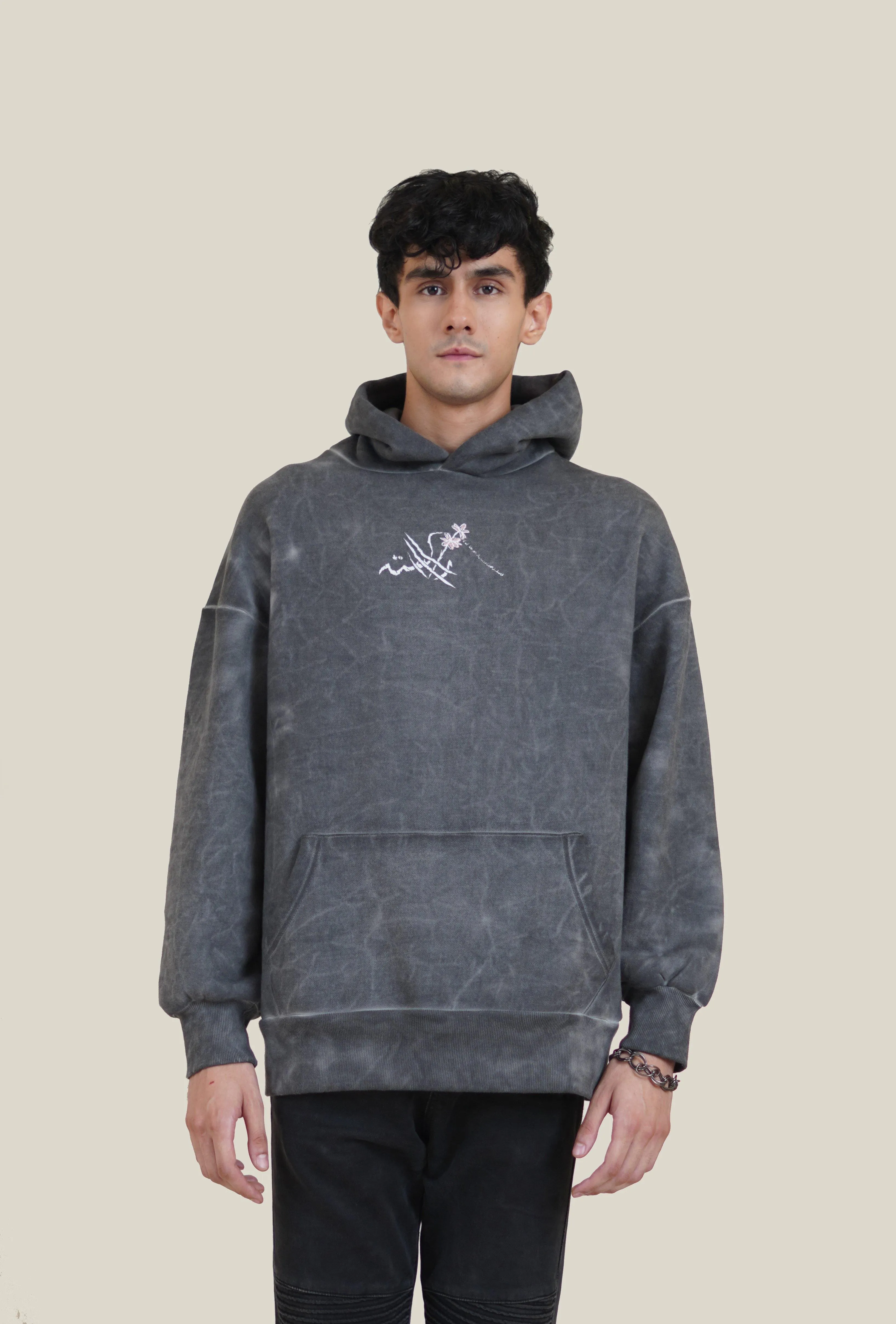 Grey Marble Wash Rooster Patch Hoodie