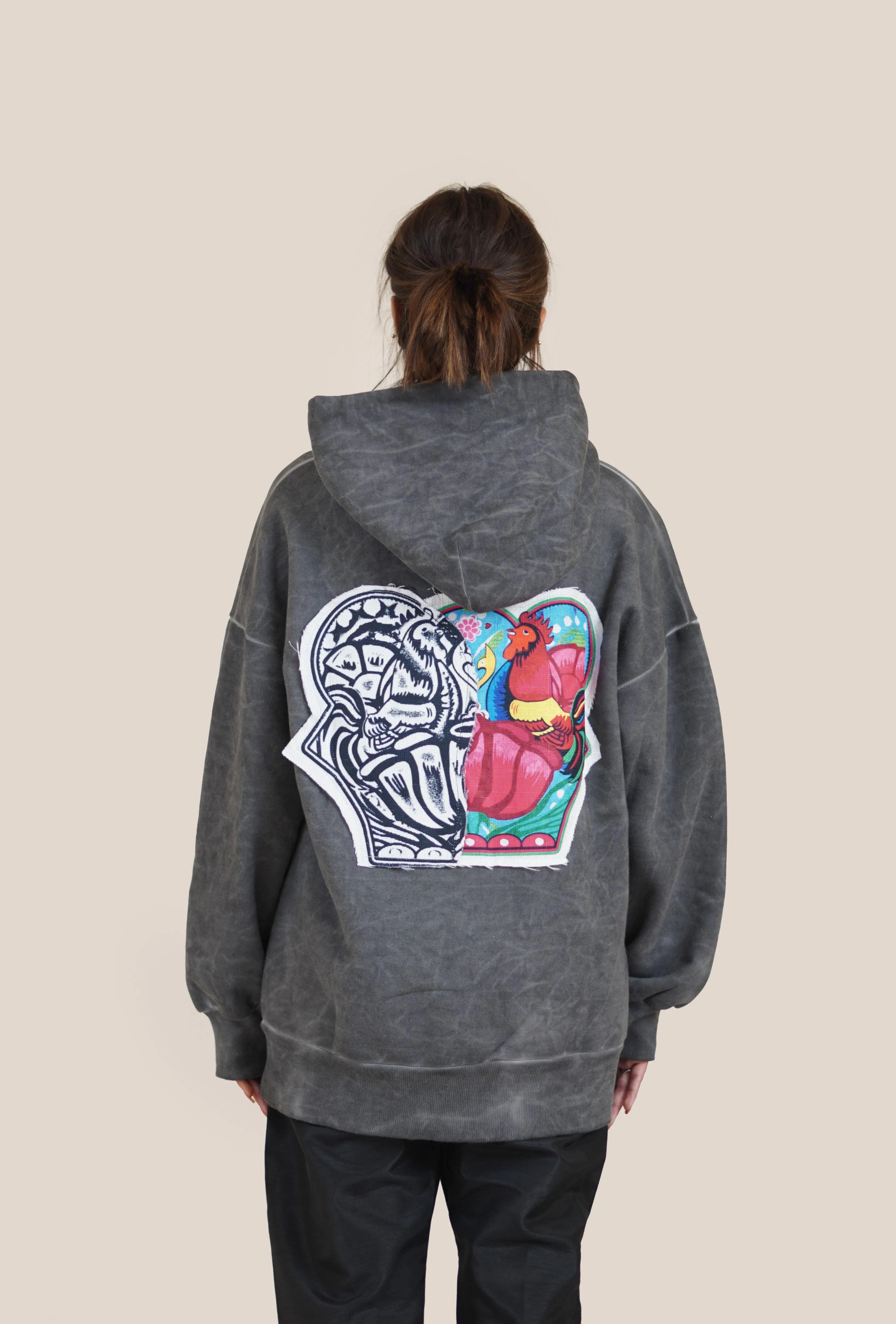 Grey Marble Wash Rooster Patch Hoodie