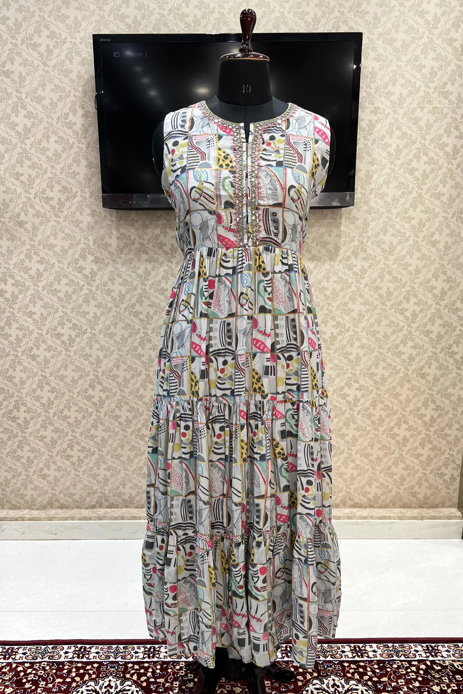 Grey Mirror, Thread and Zari work with Abstract Print Anarkali Long Kurti