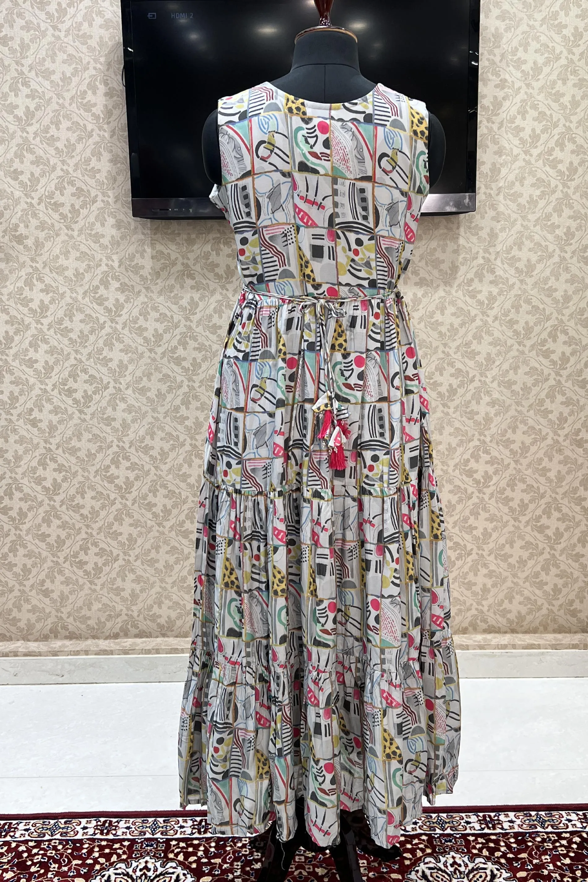 Grey Mirror, Thread and Zari work with Abstract Print Anarkali Long Kurti