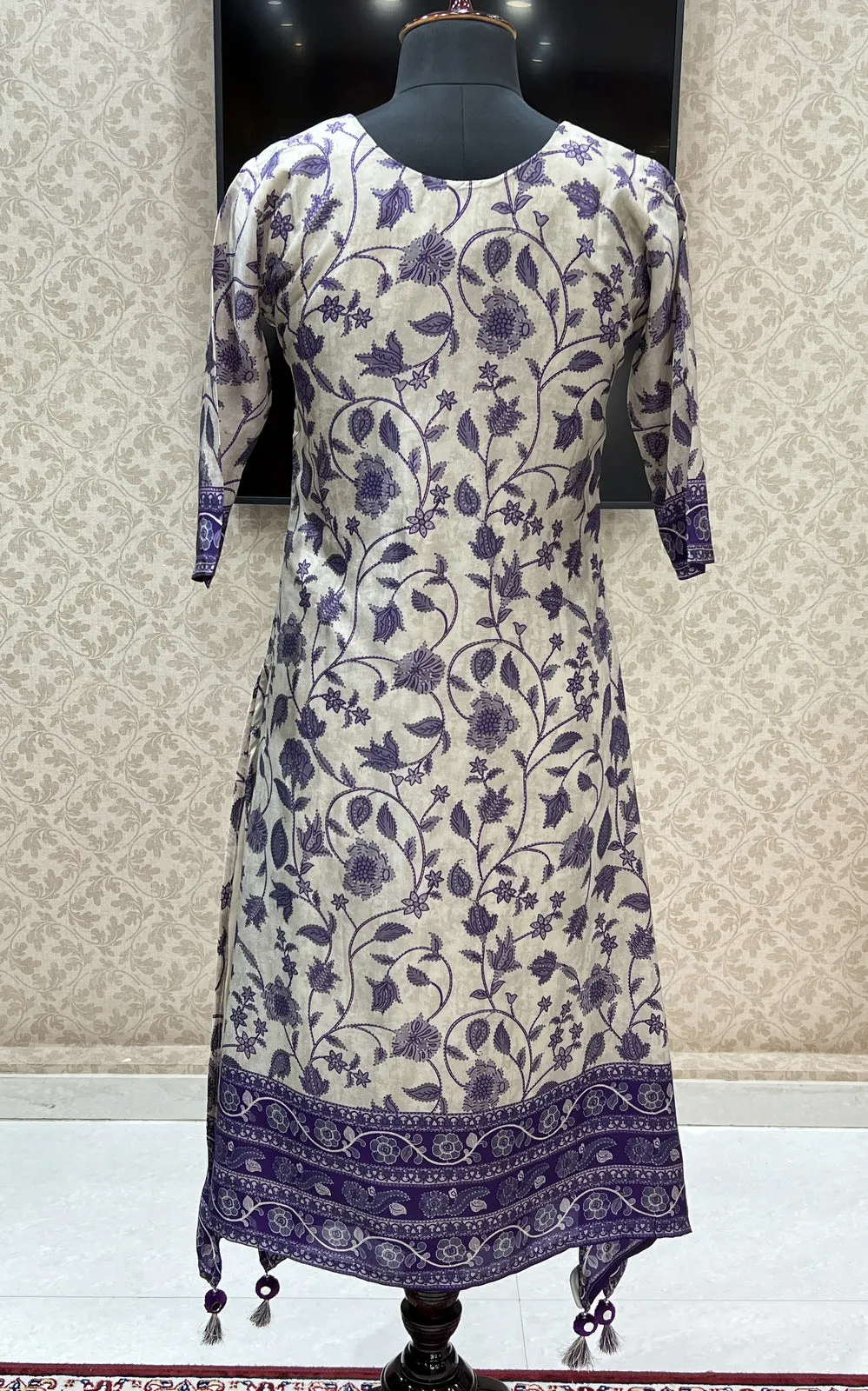 Grey with Purple Digital Print, Mirror and Thread work Calf Length Kurti