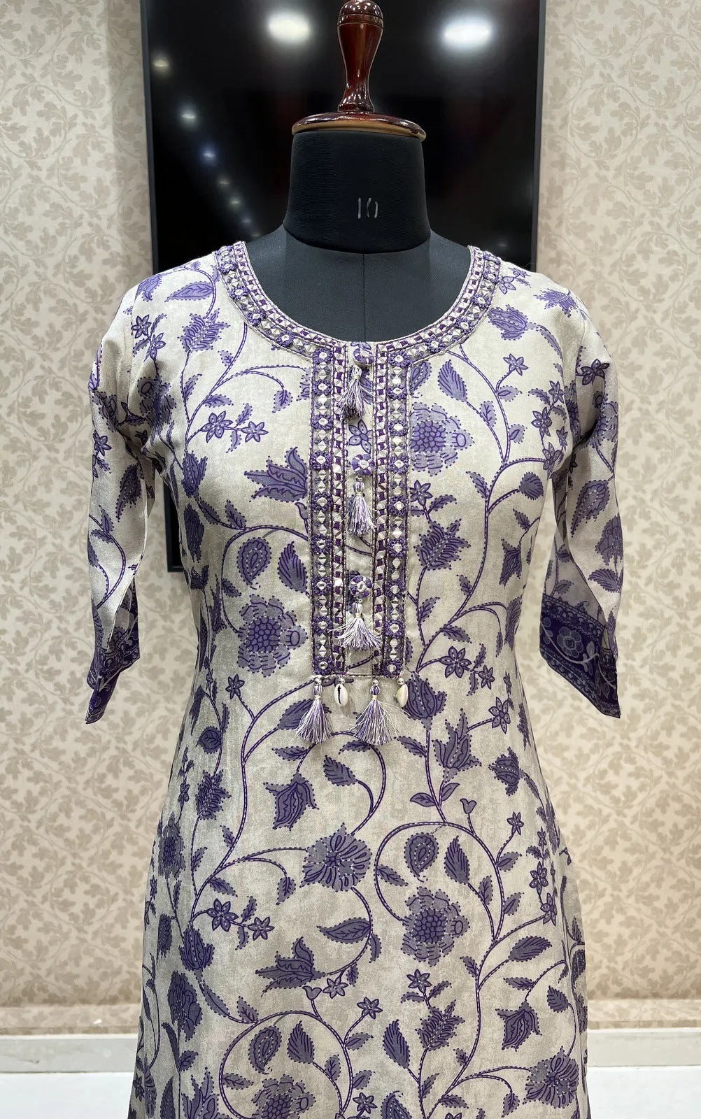 Grey with Purple Digital Print, Mirror and Thread work Calf Length Kurti