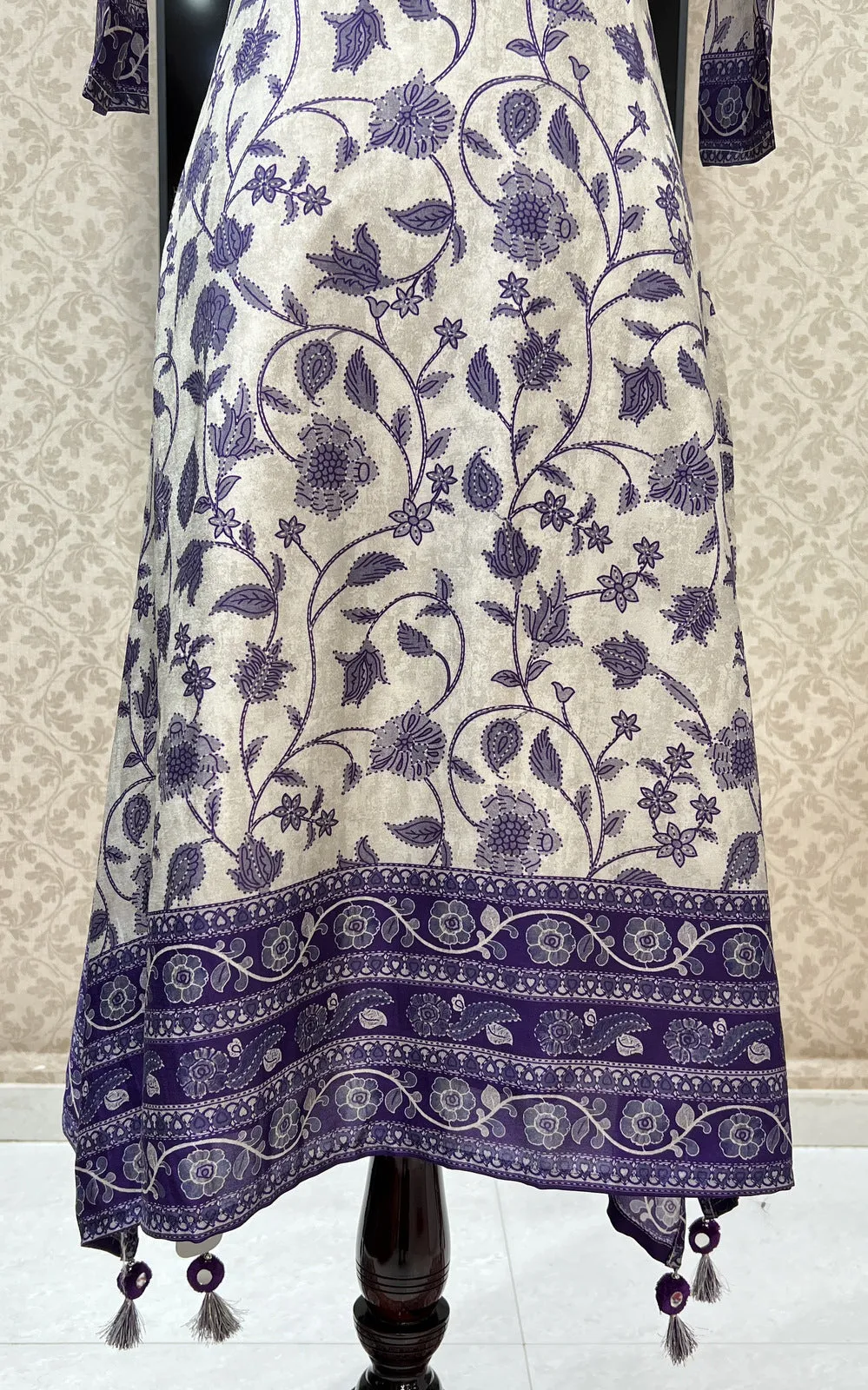 Grey with Purple Digital Print, Mirror and Thread work Calf Length Kurti