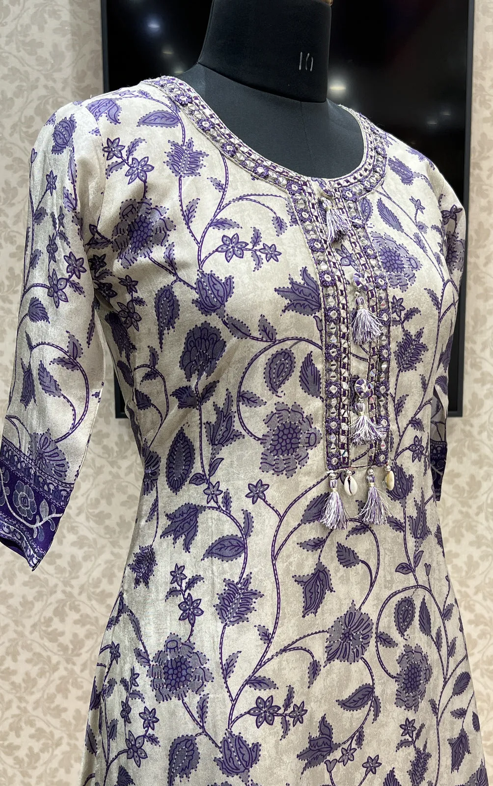 Grey with Purple Digital Print, Mirror and Thread work Calf Length Kurti