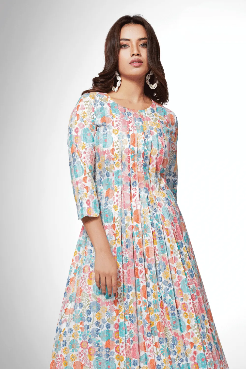 Half White Floral Print Anarkali Styled Calf Length Kurti