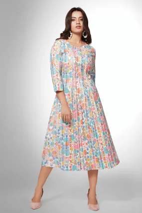 Half White Floral Print Anarkali Styled Calf Length Kurti