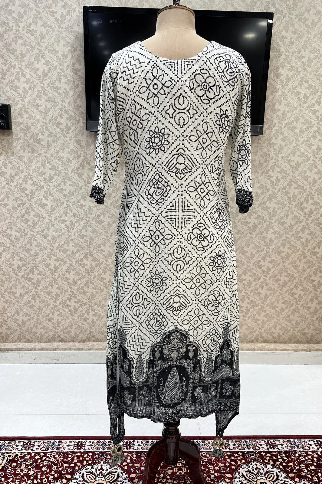 Half White with Black Bandini Print, Sequins, Beads and Mirror work Calf Length Kurti