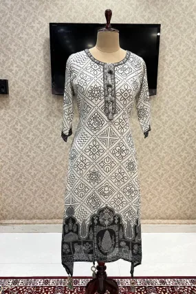 Half White with Black Bandini Print, Sequins, Beads and Mirror work Calf Length Kurti