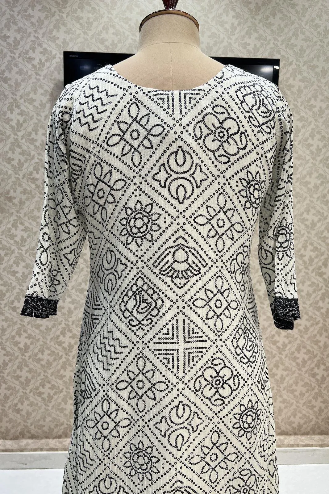 Half White with Black Bandini Print, Sequins, Beads and Mirror work Calf Length Kurti