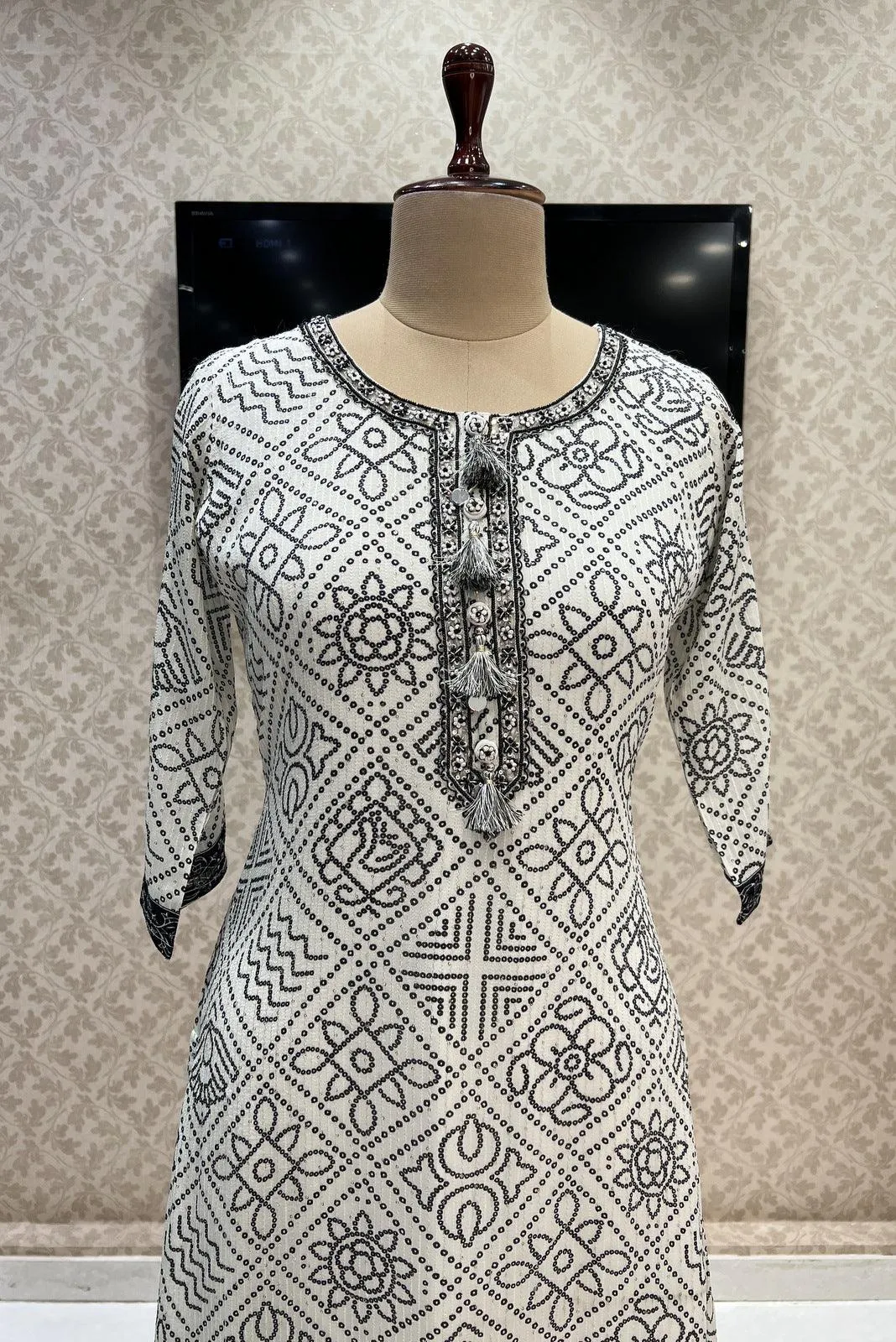 Half White with Black Bandini Print, Sequins, Beads and Mirror work Calf Length Kurti