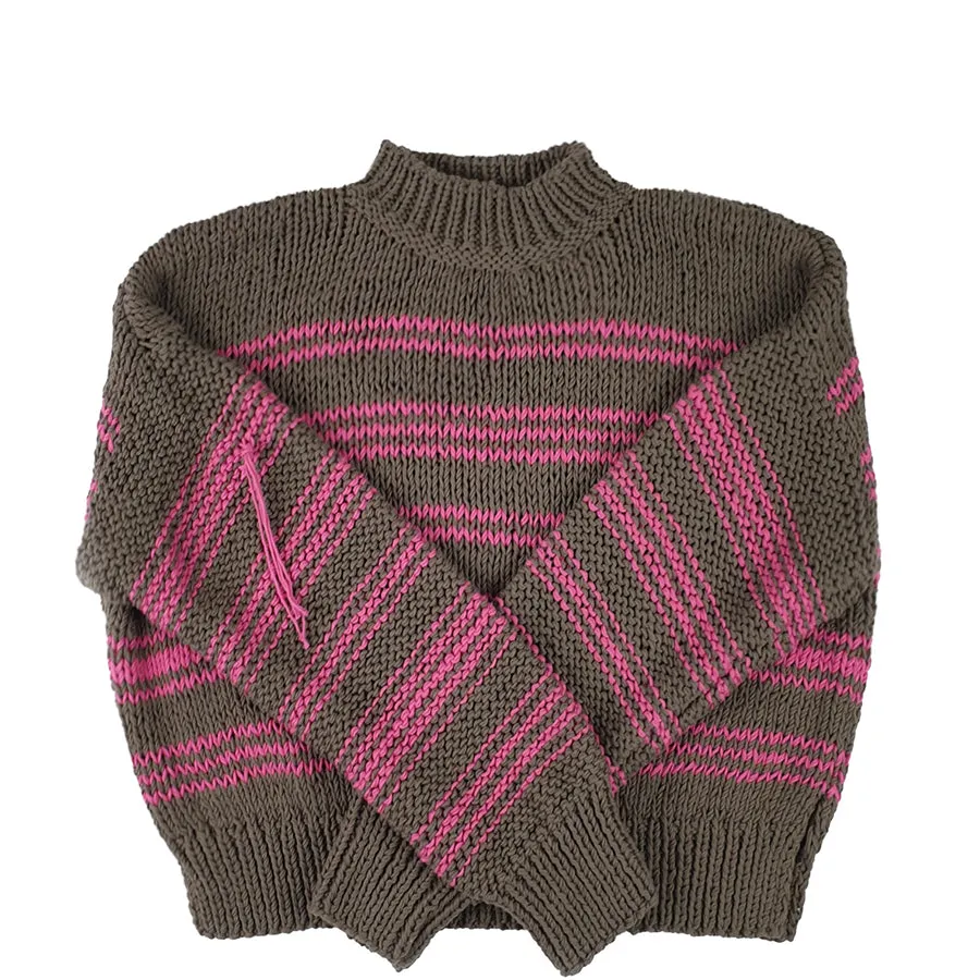 HAND KNITTED COTTON JUMPER WITH PINK STRIPES