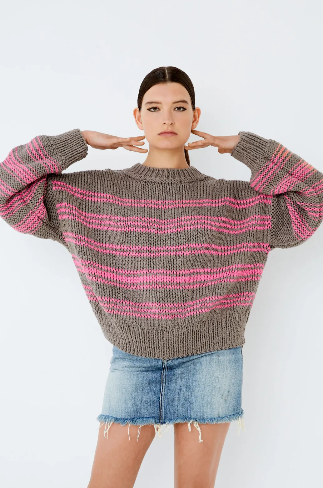 HAND KNITTED COTTON JUMPER WITH PINK STRIPES