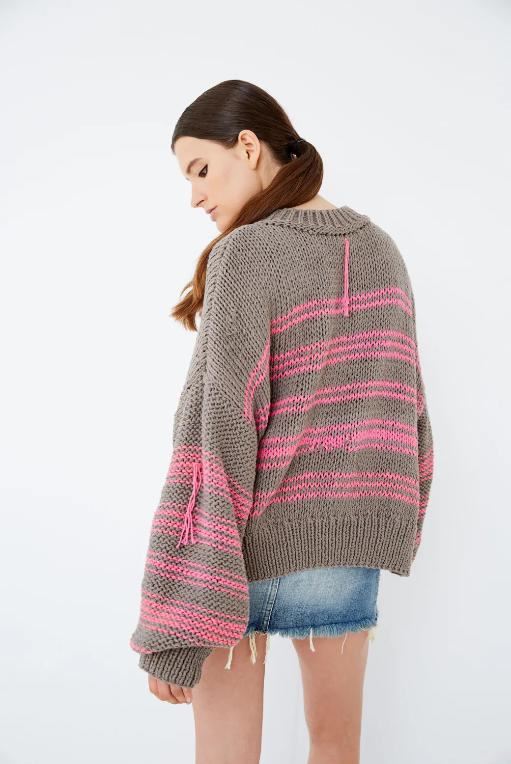 HAND KNITTED COTTON JUMPER WITH PINK STRIPES