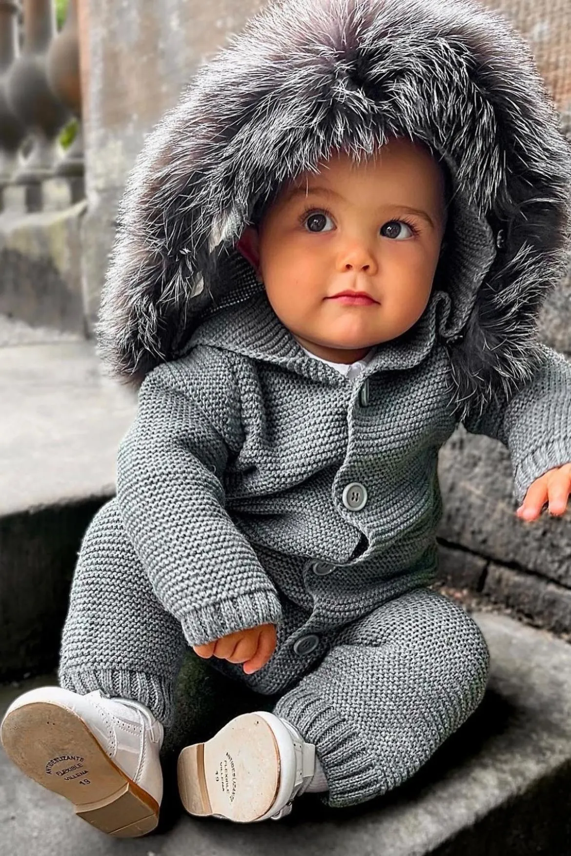 Harlow Knitted Pramsuit with Silver Fox Fur Trim