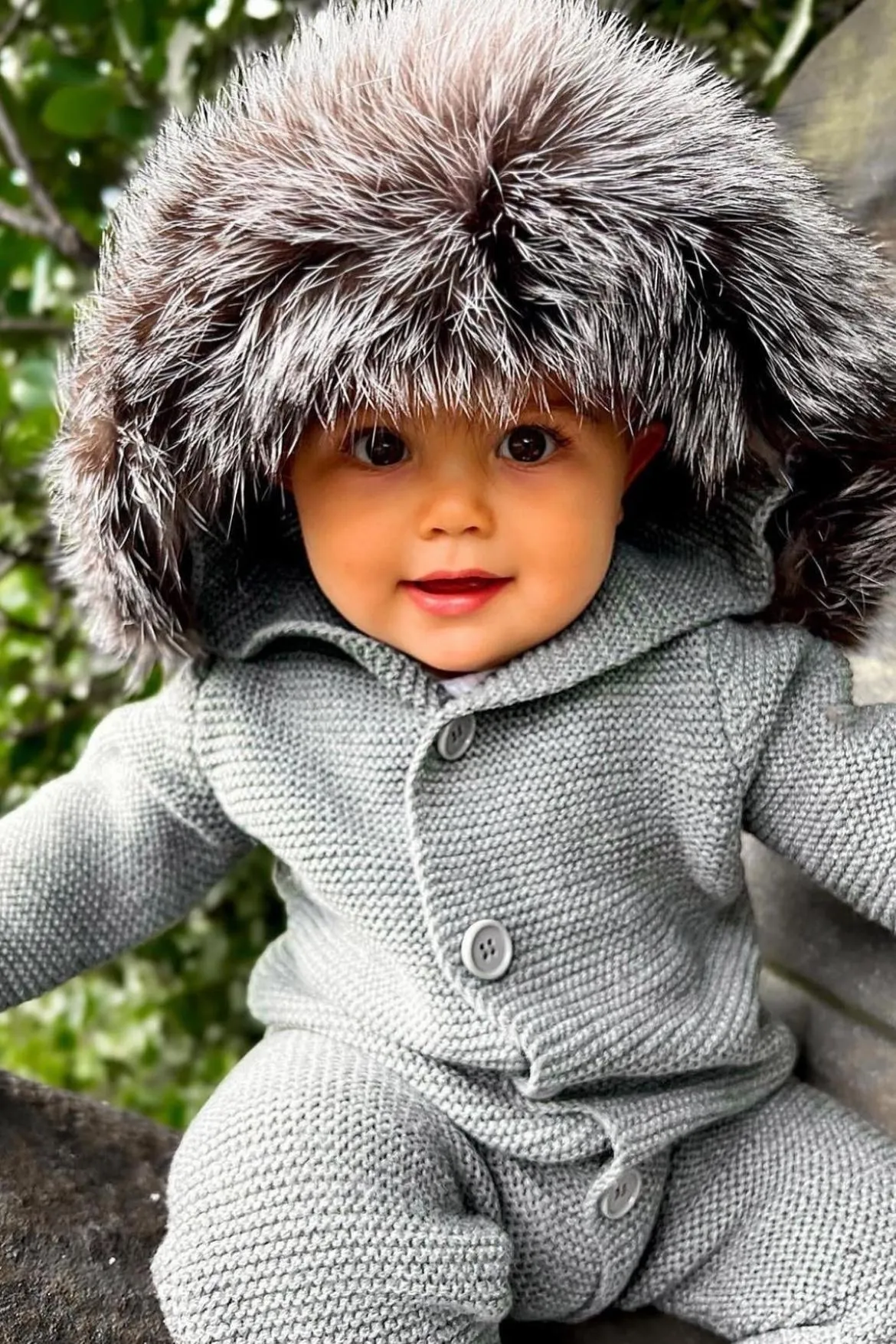 Harlow Knitted Pramsuit with Silver Fox Fur Trim