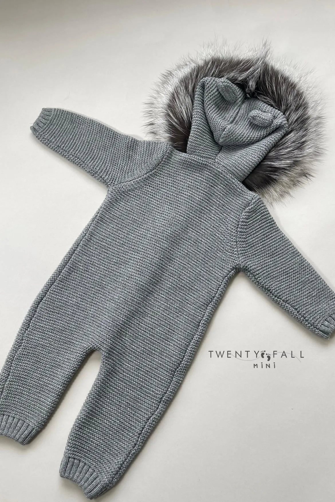 Harlow Knitted Pramsuit with Silver Fox Fur Trim