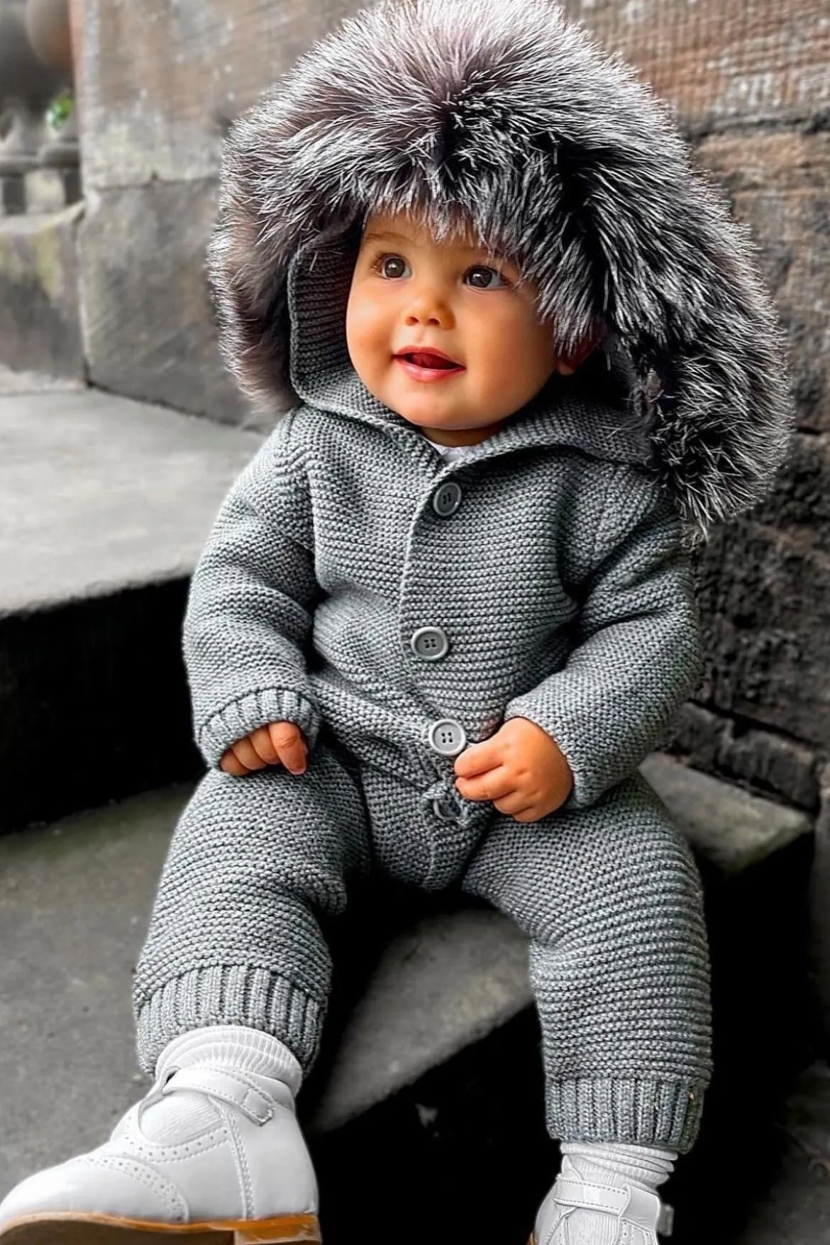 Harlow Knitted Pramsuit with Silver Fox Fur Trim