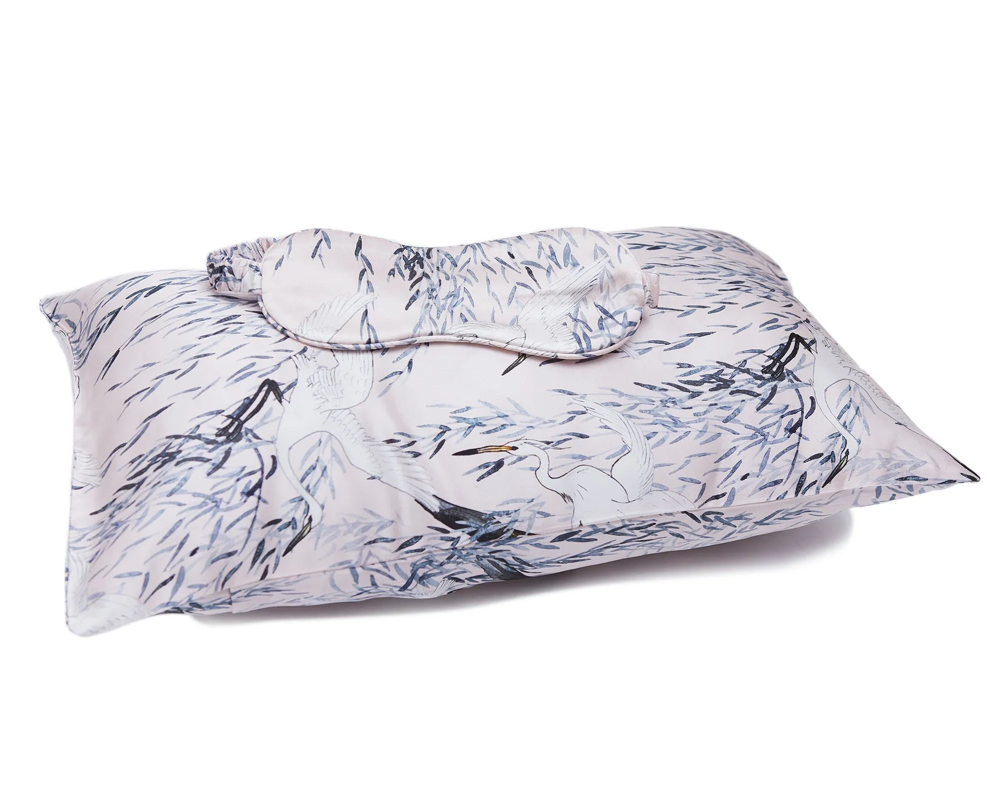 Jana Set - Silk Pillow Case & Eye Mask in Pink Crane