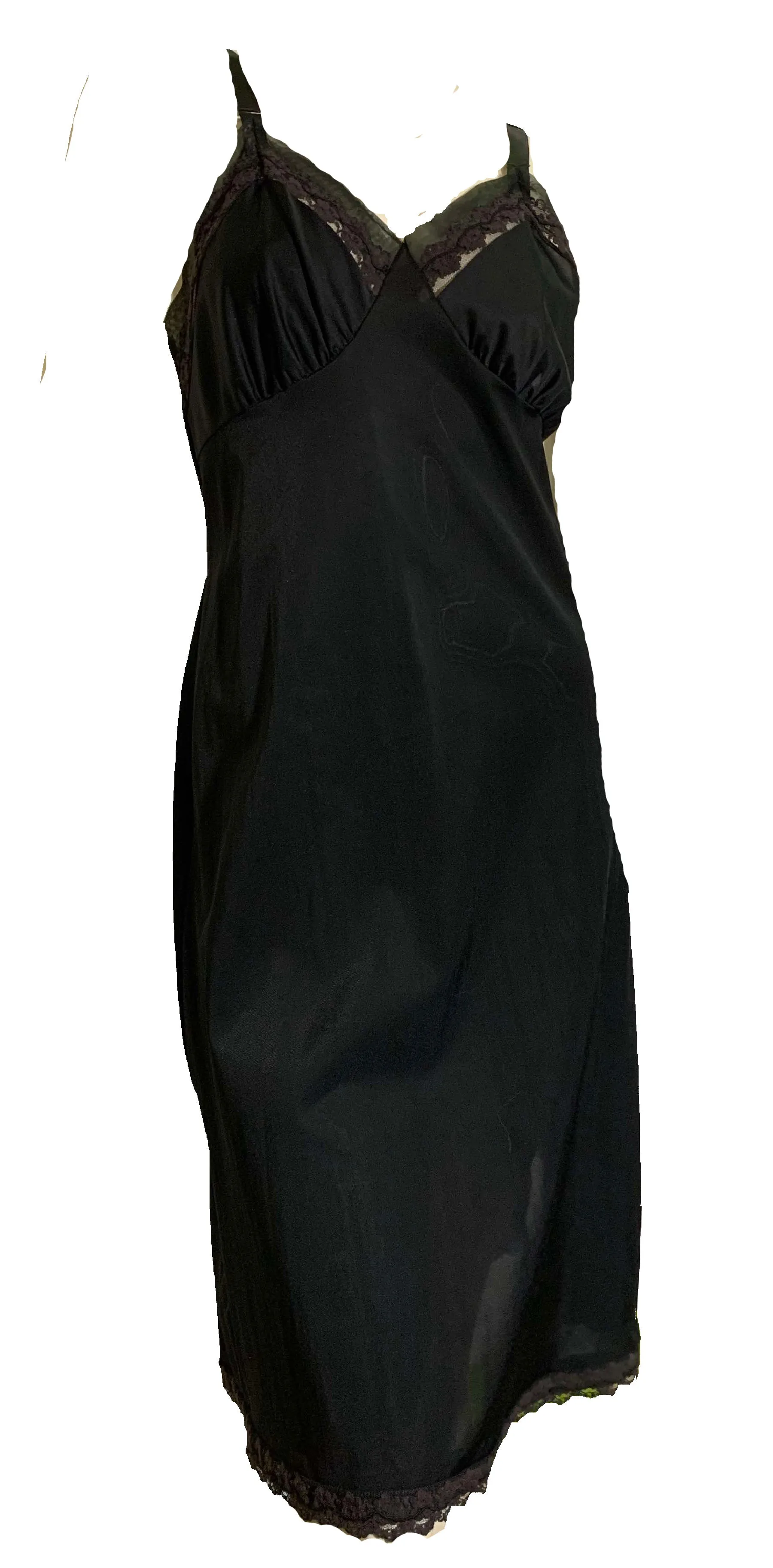 Jet Black Nylon Full Slip with Chiffon Trim circa 1960s 36